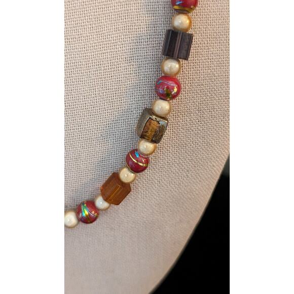 Vintage Metallic Drawbench, Square Lampwork, Art Glass 925 Clasp Bead Necklace - Picture 6 of 12